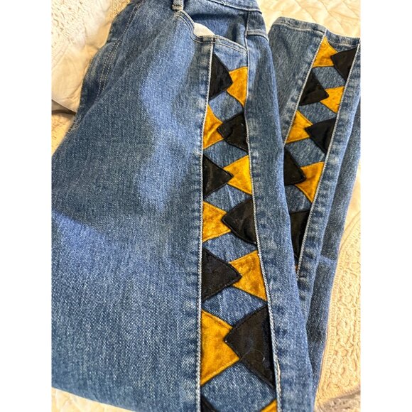 Vtg Baccini Denim Jeans 14 barrell gold Triangle Patchwork high waisted READ - Picture 11 of 14